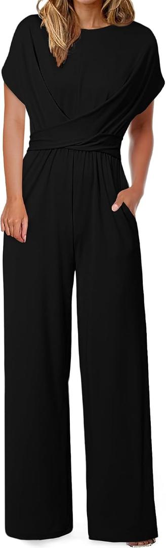 Happy Sailed Women Jumpsuits Dressy Short Sleeve Front Crisscross Tie Waist Belted Wide Leg Pant Romper with Pockets (Black, L)