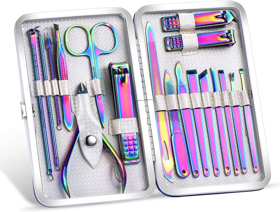 2024 Rainbow Manicure Kits 18 Pcs Nail Clippers for Women Gift SFYDOM Women's Rainbow Leather Manicure Set (18-RainbowManicure Kits)
