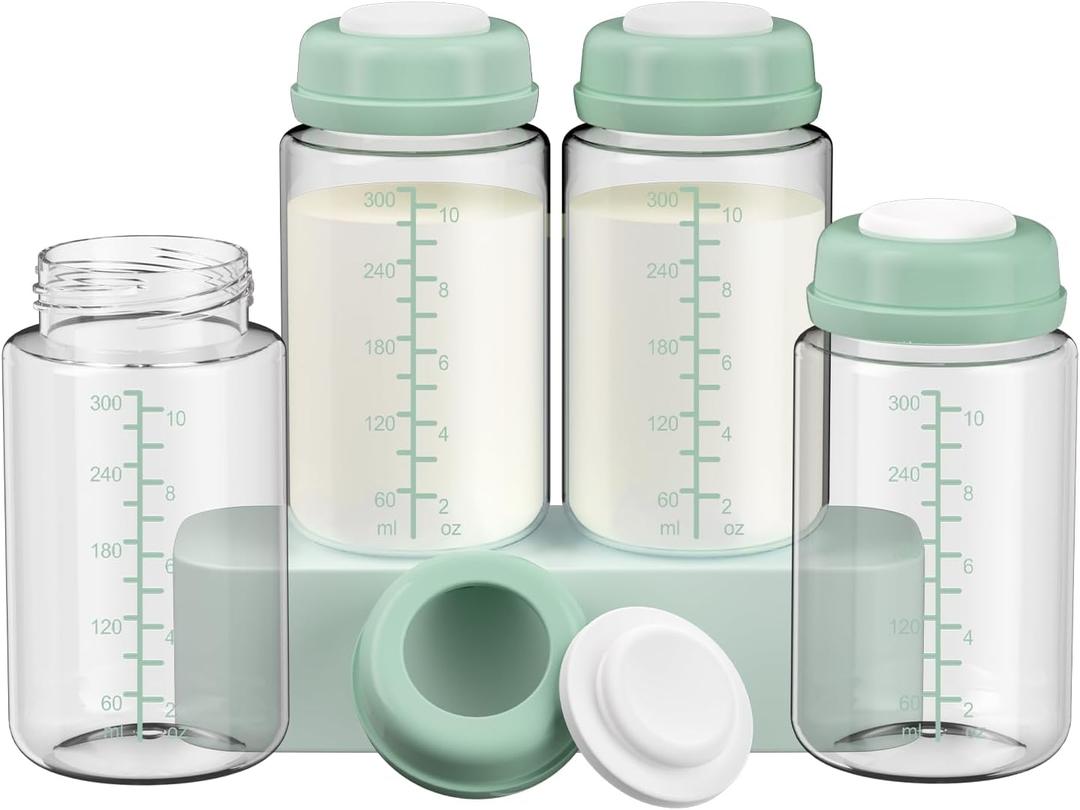 4 Pack 10oz Wide-mouth Breastmilk Storage Bottle for Momcozy 22oz Portable Breast Milk Cooler, Pumping Storage Containers Compatible with Spectra S1/S2/9 Plus/SG/Motif Luna (4PC/Green Lids)