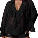 OYOANGLE Women's Plus Size Studded Ruffle Blouse Rave Tops Bishop Sleeve Deep V Neck Mesh Shirts (Black, 3XL)