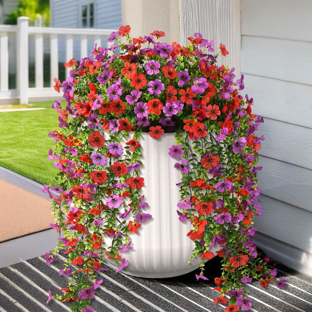 Hommyea Artificial Hanging Flowers for Outdoors, 2 Pcs Fake Hanging Plant Spring Summer Decor, UV Resistant No Fade Faux Silk Daisy Flower for Planter Front Door Porch Patio Yard Garden(Red Purple)