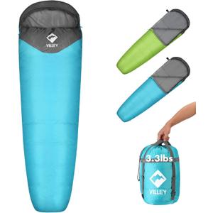 VILLEY Mummy Sleeping Bag, Lightweight Backpacking Sleeping Bag for Adults & Kids, Camping Hiking Equipment for 3-4 Seasons (Blue)