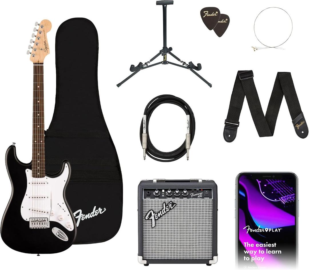 Fender Squier Debut Series Stratocaster Electric Guitar Kit, Beginner Guitar Kit, with Padded Gig Bag, Frontman 10G Amp, Strap, and More, Includes Free Lessons, Black