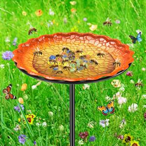 Bee Butterflies Watering Station, Standing Bee Feeder with Glass Marbles for Outside, Bee Bath Feeder with Metal Stakes Butterfly Puddler Garden Yard Dco (Yellow)