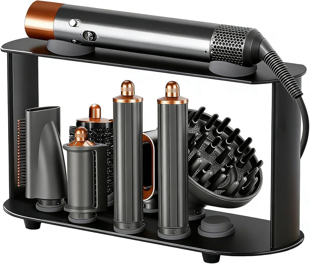 Lasvea Holder for Dyson Airwrap Attachments1.6'' long barrel suitable)| 8 Holes Metal Storage Rack with Protective Silicone Pad | Countertop Organizer for Dyson Diffuser Accessories & Curling Iron with Self-Adhesive Hook, Black