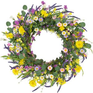J'FLORU Spring Wreaths for Front Door 22 Inch Artificial Summer Wreath Daisy and Lavender Wreath with Wildflowers for Home Wall Farmhouse Springtime Easter Holiday Party (Multicolor)