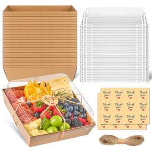 7 x 7 Inch Large Charcuterie Boxes with Clear Lids, 20 Pack Disposable Square Kraft Bakery Boxes To Go Food Containers for Charcuterie, Cake Slices, Desserts, Strawberries, Cookies (Brown)