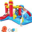 6-in-1 Bounce House Inflatable Water Slide for Kids, Toddler Park with Splash Pool, Indoor Backyard Safe Bouncy Castle, Climbing Wall, Trampoline, Water Cannon, Basket, Air Blower Included. No Pump.