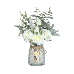 Faux Flowers with Vase,Artificial Silk Roses in Vase, Fake Plant Eucalyptus Flower Arrangement for Home Office Farmhouse Bathroom Dining Table Centerpiece Decorations Coffee Table Decor (White)