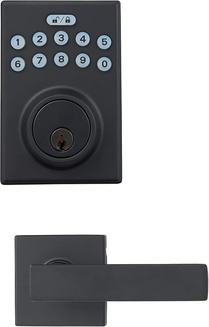 Amazon Basics Contemporary Electronic Keypad Door Lock, Keyless Entry Deadbolt with Handle Set, Easy Installation, Matte Black