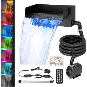 All-in-1 Pond Waterfall Kit with LED Light, 12 inch 304 Stainless Steel Spillway with 880 GPH 45W Pump, Filter Media Bag, Outdoor Waterfall Fountain for Water Feature, Garden, Backyard, Pool