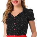Allegra K Women's Polka Dots Short Sleeve Button Up Vintage 1950s Blouse Small Black
