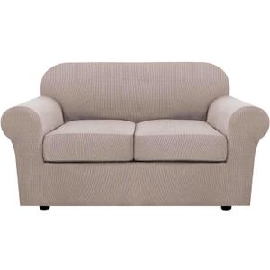 H.VERSAILTEX 3 Piece Stretch Sofa Covers for 2 Cushion Loveseat Couch Covers for Living Room Furniture Cover (Base Cover Plus 2 Seat Cushion Covers) Thicker Jacquard Fabric(Medium Sofa, Sand)