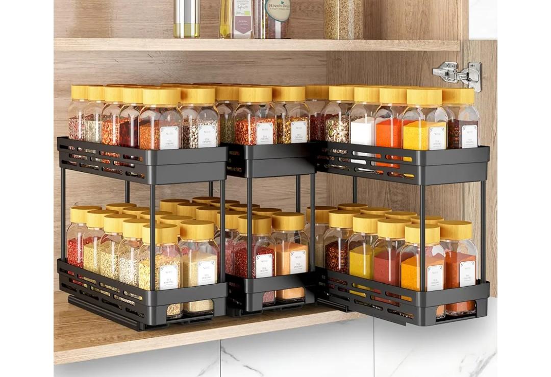 Pull Out Spice Rack Organizer for Cabinet, 3 Packs Slide Out Spice Racks Organizer, Spice Cabinet Organizers, Cabinet Size Need:12'' Highx11'' Deepx5'' Wide,Each Tier Hold 10 Spice Jar - 2 Tier, Black