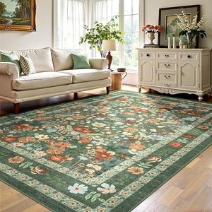 Deerly Green Floral Area Rug 5x7 Vintage Boho Washable Non-Slip Living Room Carpet Soft Low Pile Thin Bedroom Floor Mat Indoor Home Decor for Dining Room Playroom Nursery Farmhouse, Green/Multi