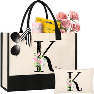 AYGE Personalized Initial Canvas Beach Bag Cosmetic Bags, Tote Bag, Makeup Bag, Gifts for Sister Mom Teacher Bridesmaid