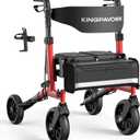 KingPavonini Foldable Walkers for Seniors with Seat, 6-Level Seat & Handle Adjustable, 380LB Reinforced Rollator Walker with Seat Ergo Dual-Layer, 16.5LB Lightweight Portable, All-Terrain Wheels