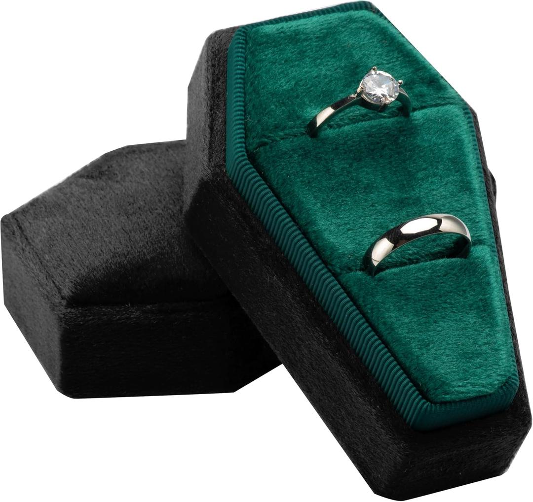 Velvet Coffin Ring Box Case Holder for Gothic Wedding Ceremony Jewelry Organizer Decorations (Black and Green)