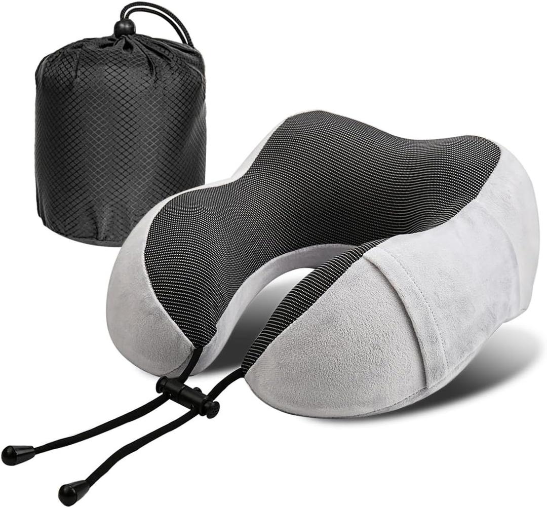 2 x Glowki Travel Neck Pillow 100% Pure Memory Foam, 2025 New Neck Pillows for Sleeping, Neck Pillow for Travel Comfortable U Shape, Portable Ergonomic Design for TravelingCarWashable Cover(Grey)