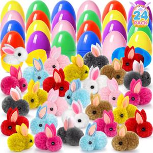 24 Pack PreFilled Easter Egg with Plush Bunny Toys Inside, Bright Colorful Easter Eggs Fillers Plush Toy for Kids, Boys Girls Easter Basket Stuffers Party Favors, Easter Eggs Hunt Games Supplies