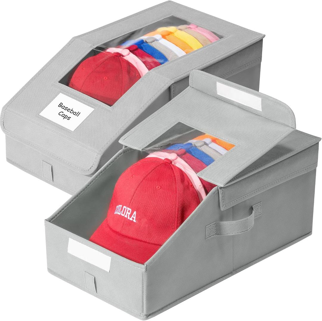 Hat Organizer for Baseball Caps, 2 Pack Stackable Hat Storage Boxes with Clear Window, Holds up to 28 Caps, Foldable Hat Organizer for Closet & Shelf, Grey