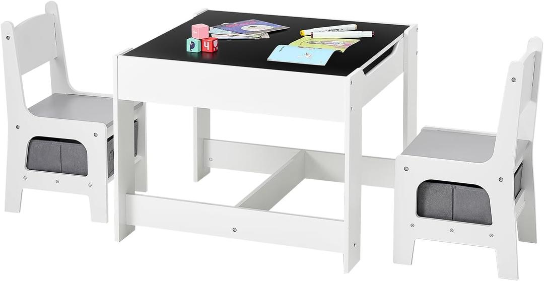 VEVOR Kids Table and Chair Set, 3 in 1 Wooden Kids Table with Storage Drawer, Toddler Activity Play Desk with 2 in 1 Detachable Tabletop, Children Table for Art, Eating, Reading, Learning, Gray