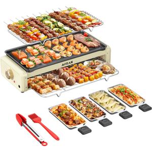 Aoran Electric Smokeless Grill, 1800W Nonstick Indoor Griddle Pan, Multifunctional Skillet for Frying, Baking, Stewing, Easy to Clean, Adjustable Temperature, Family-Sized 19.6'' x 9'' Cooking Area (Large, White-Large)