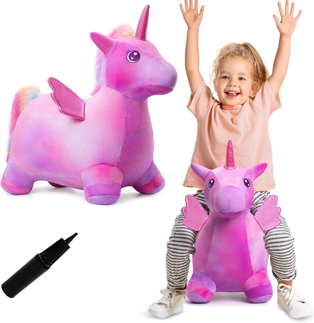 VangeBow Unicorn Bouncy Horse Toys for 1 2 3 4 5 Year Old Girl Gift, Plush Unicorn Ride On Bouncy Animal for Toddlers 1-3, Indoor Outdoor Inflatable Hopping Toys for Girl Birthday Gift (Pump Included)