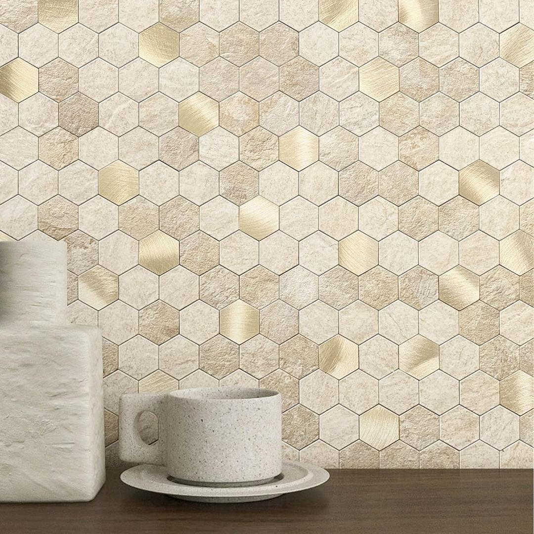 MOFIT Hexagon Peel and Stick Backsplash Tiles Kitchen,Self-Adhesive Metal and Marble Honeycomb Peel and Stick Wall Tiles Sticker Mosaic Heat Resistant(Beige,5sheets) (5sheets, Beige)