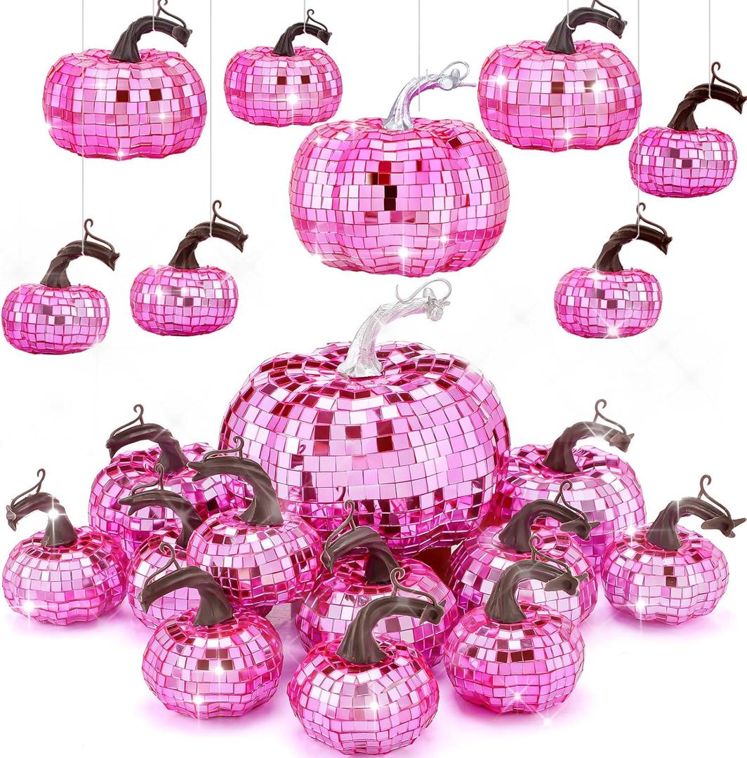 Lenwen 12 Pcs Artificial Disco Pumpkin Glitter Mirror Pumpkin for Decorating Fall Farmhouse Hanging Ornament Harvest Decor for Halloween Thanksgiving Table Centerpiece(Bright Pink)