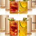 megarte Ribbed Glassware Vintage Drinking Glasses 12Pcs Set （6 Highball Glasses 16Oz And 6 Rocks Glasses 13Oz） Amber Ribbed Glass Cups For Iced Coffee, Cocktails, Juice, Beer, Everyday Drinking