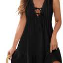 Blooming Jelly Womens Bathing Suit Cover Up Pleated Lace Up Swim Beach Dress Flower Trim Swimsuit Coverup with Pockets (Medium, Black)