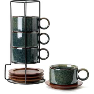LUKA 6 Ounce Porcelain Stackable Espresso Cups with Saucers and Metal Stand Set of 4, Ceramic Cappuccino Cups Set for Specialty Coffee Drinks, Latte, Cafe Mocha and Tea, Reactive Dark Green