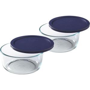 Pyrex Storage Plus 7-Cup Round Glass Food Storage Dish, Blue Cover, Pack of 2 - Original Genuine Made in the USA