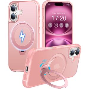 HuwaiH 360 Rotatable Magnetic Ring Stand for iPhone 16 Case, Compatible with MagSafe, Military-Grade Shockproof, Anti-Scratch Matte Translucent Phone Case for iPhone 16(Pink)