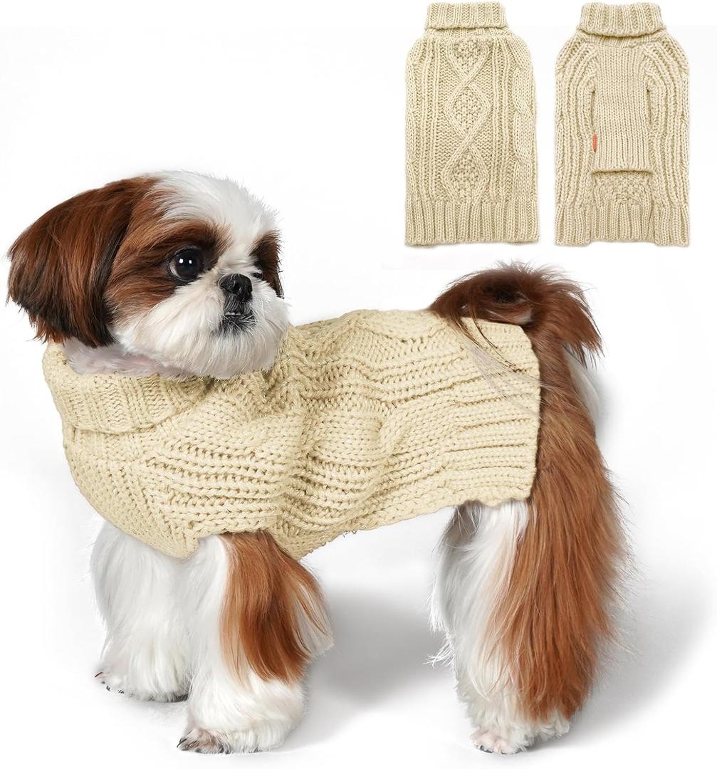 kyeese Dog Sweaters for Small Dogs with Golden Thread Turtleneck Dog Cable Knit (Beige)