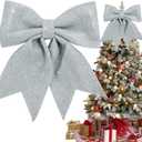 TONIFUL 12x14 Inch Glitter Bow Silver Shiny Christams Bow for Home Party Wedding Indoor Decoration Gift Wrapping Accessories, Christams Whreath Bow DIY Handcraft Bow