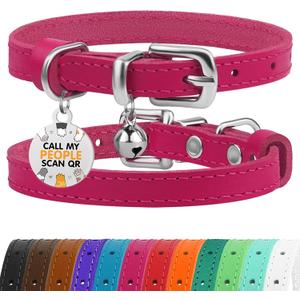 BRONZEDOG Leather Cat Collar with Removable Bells Non Breakaway Kitten QR Tag for Girl Boy (Pink & Silver, 9-12 inch)