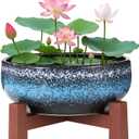 Lotus Bowl Planter with Cross Base, Ceramic Water Plant Bowl, Indoor Lotus Flower Pot with Starry Texture, Leakproof Bonsai Bowl, Hydroponic Planter for Aquatic Plants, Lilies, and Succulents