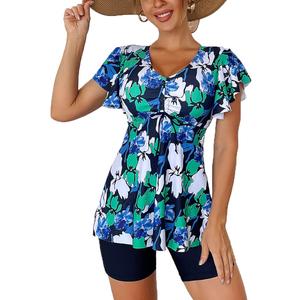 Fanuerg Women's Tankini Swimsuits Ruffled Flowy Tankini Tops with Boy Shorts Swimwear Tummy Control Two Piece Bathing Suits Green Floral Print XXL