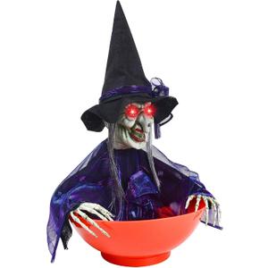 JOYIN Halloween Candy Bowl Dish Witch Decorations Indoor, Haunted House Home Decor Animatronics Animated LED Lights Eyes, Creepy Scary Sound Activated Trick Or Treat, 10.2 x 9.8 x 15.7