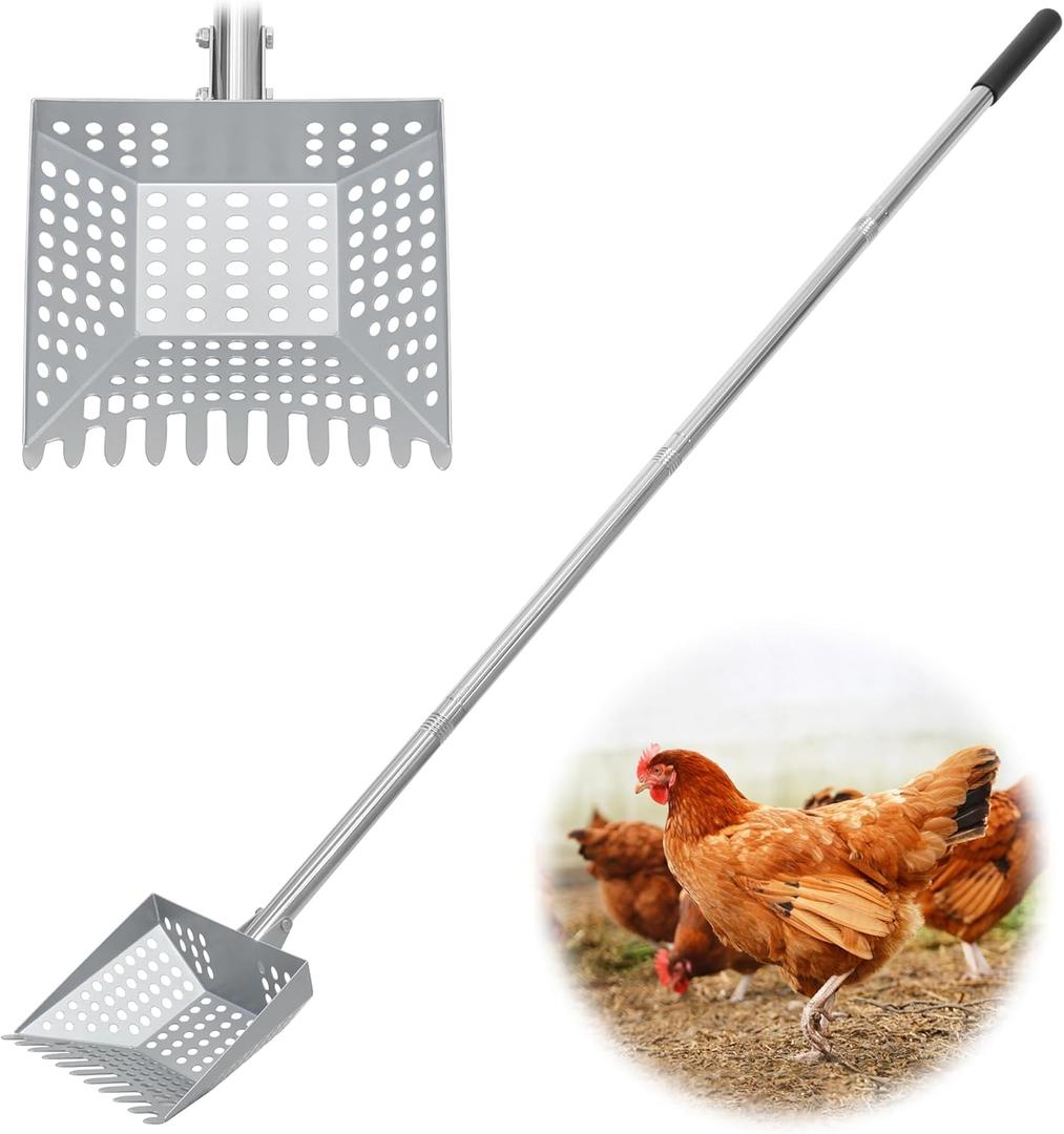 Chicken Poop Scooper Tempered Spring Steel Sifting Shovel for Chicken Coop with 32-60" Adjustable Stainless Steel Tube Cleaning Tool for Coop with Rubber Handle