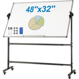 VEVOR Rolling Whiteboard, 48x32 inch Double-Sided Magnetic Mobile Whiteboard, 360 Reversible Adjustable Height Dry Erase Board with Wheels & Movable Tray for Office School