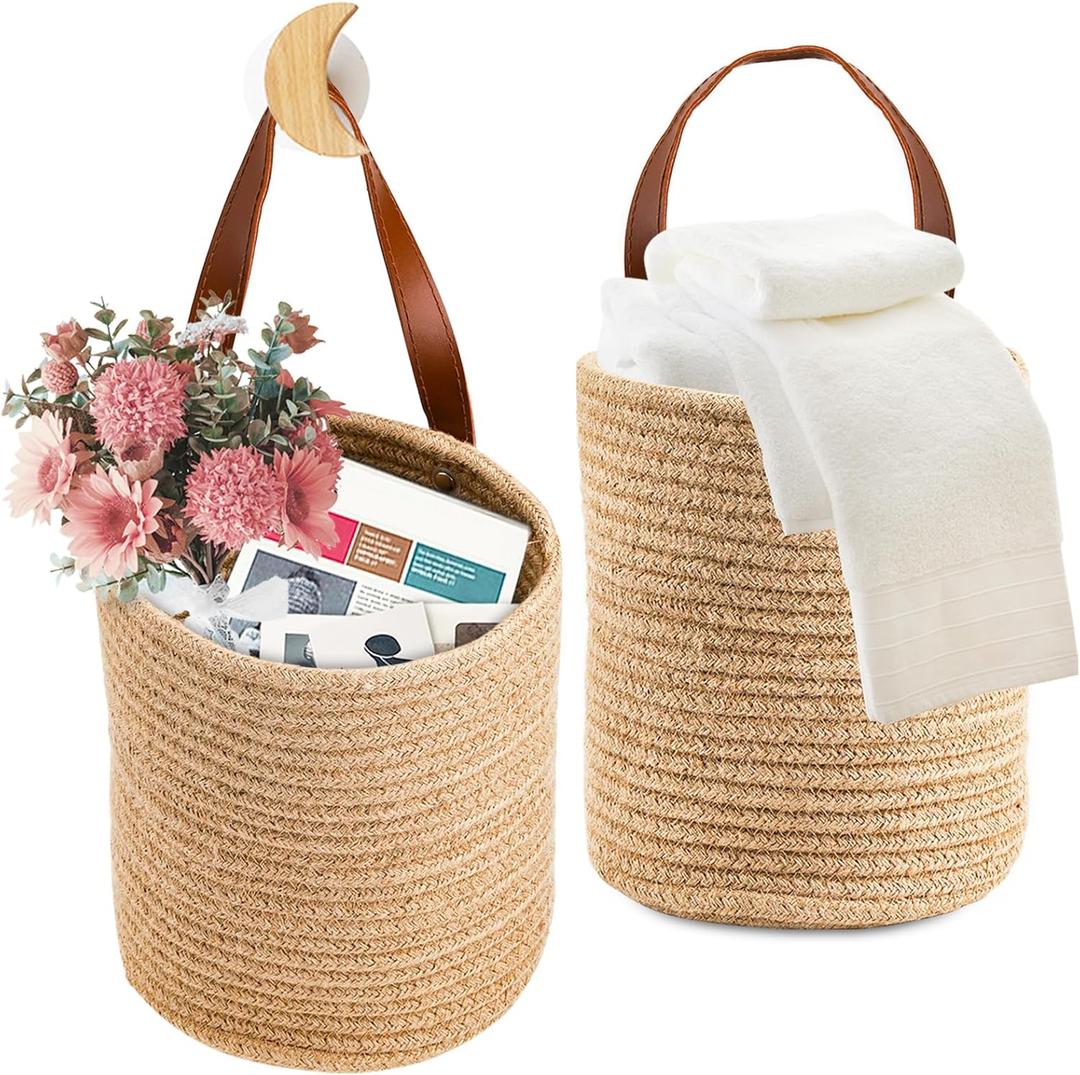 YOUEON Set of 2 Jute Hanging Basket 7.8" x 6.7", Small Wall Hanging Planter Baskets, Natural Jute Woven Storage Basket for Flower Plants Towels Sunglasses Wallet Keys, Boho Decor YOUEON Set of 2 Jute Hanging Basket 7.8" x 6.7", Small Wall Hanging Planter Baskets, Natural Jute Woven Storage Basket for Flower Plants Towels Sunglasses Wallet Keys, Boho Decor