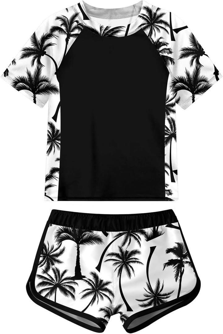 ADUKIDE Girls Rash Guard Swimsuit 2-Piece Bathing Suit UPF 50+ Summer Beach Swimwear Size 7-16T (11-12 Years, Coconut Tree Black)