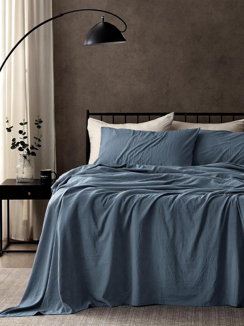 SLEEP ZONE King Size Sheets Set - Bed Sheets for King Size Bed - Washed Microfiber - 4 Piece Hotel Luxury Bedding Sheets with Fitted Sheet, Flat Sheet & 2 Pillowcases - Deep Pocket (Flint Stone Blue)