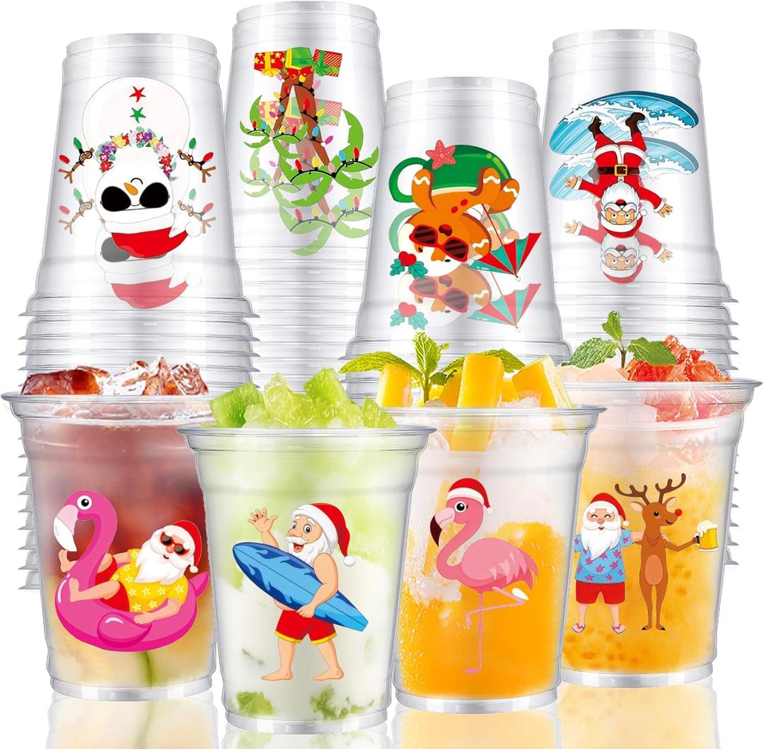 16Pcs Christmas in July Party Cups Christmas in July Plastic Cups, Disposable 12 oz Tropical Summer Cup with Stickers for Summer Xmas Party Supplies