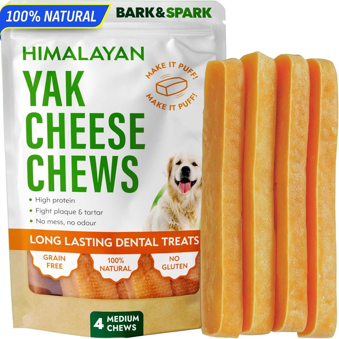 BARK&SPARK Yak Cheese Himalayan Dog Chews - 100% Natural & Long Lasting Dog Treats, Yak Milk Chews for Small, Medium & Large Dogs, Lactose & Gluten Free Dental Sticks, Healthy & Safe (4 Medium Chews), BB Date: 06/2027