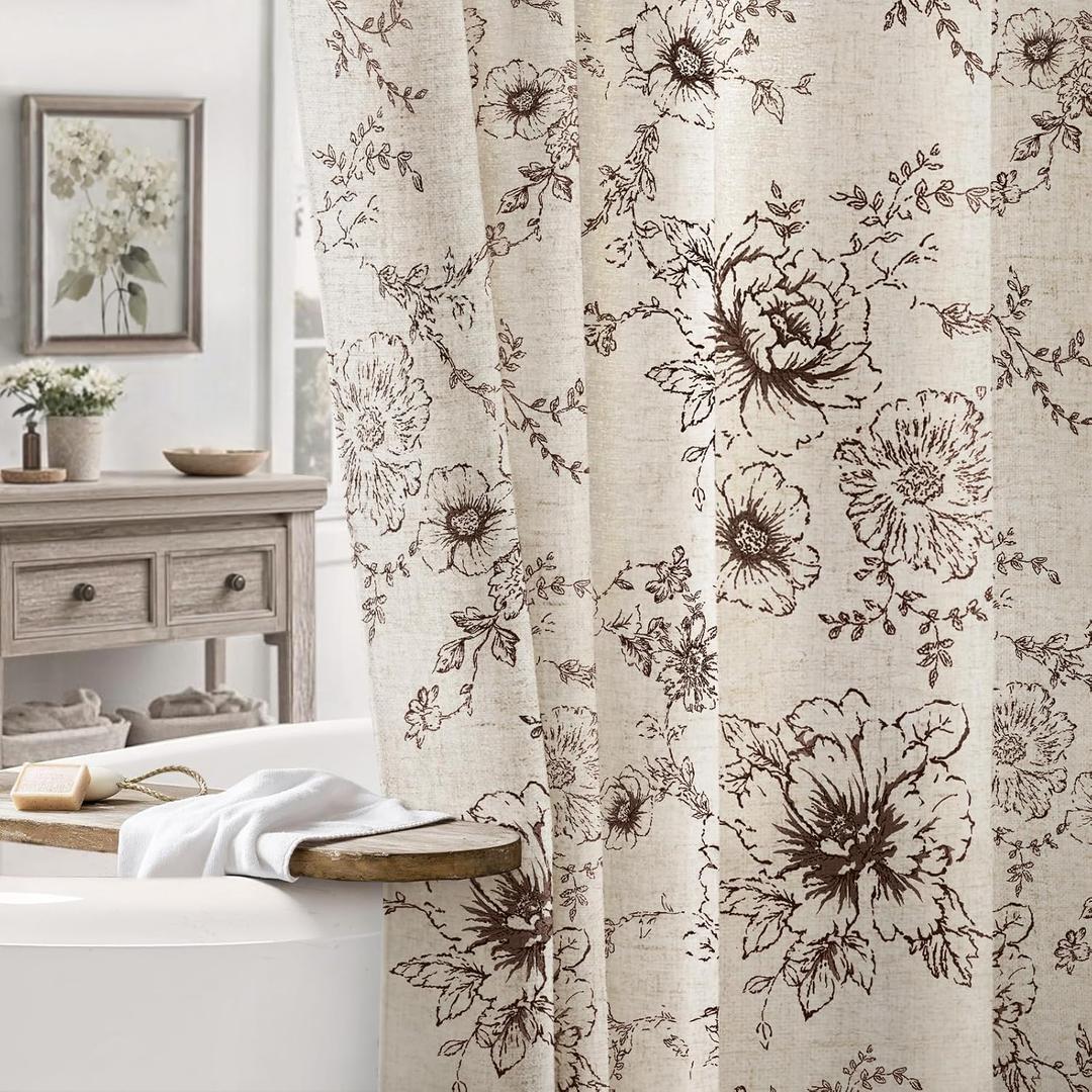 Farmhouse Floral Linen Shower Curtain, Vintage Brown Pattern Rustic Shower Curtains for Bathroom, Tan Taupe, 72x84