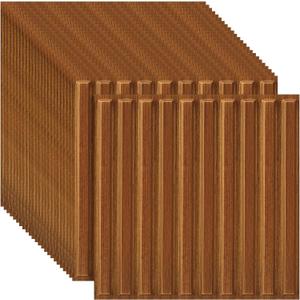 Nuanchu 32 Pcs 3D Slat Wall Panels 12 x 12 Inch PVC Fluted Textured Panel Cuttable Glue up Wall Art Decorative Tiles for Ceiling Studio Bathroom Interior TV Background (Teak Grain)